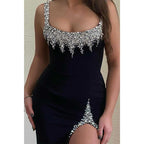 Sexy Fitted Square Beaded with Side Slit Party Prom Evening Dress