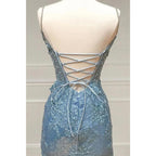 Spaghetti Straps Sequins Appliques Long Prom Dress with Slit