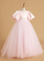 A-line Satin Tulle Short Sleeves Flower Girl Dress