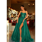 Spaghetti Straps Appliqued Tulle A-Line Long Prom Dress With Slit