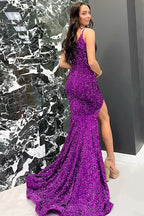 Mermaid Strapless Purple Sequins Long Prom Dress with Split Front