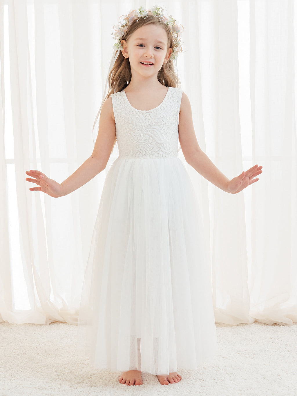 A-line Lace Tulle Ankle-length White Dress (2003227597)