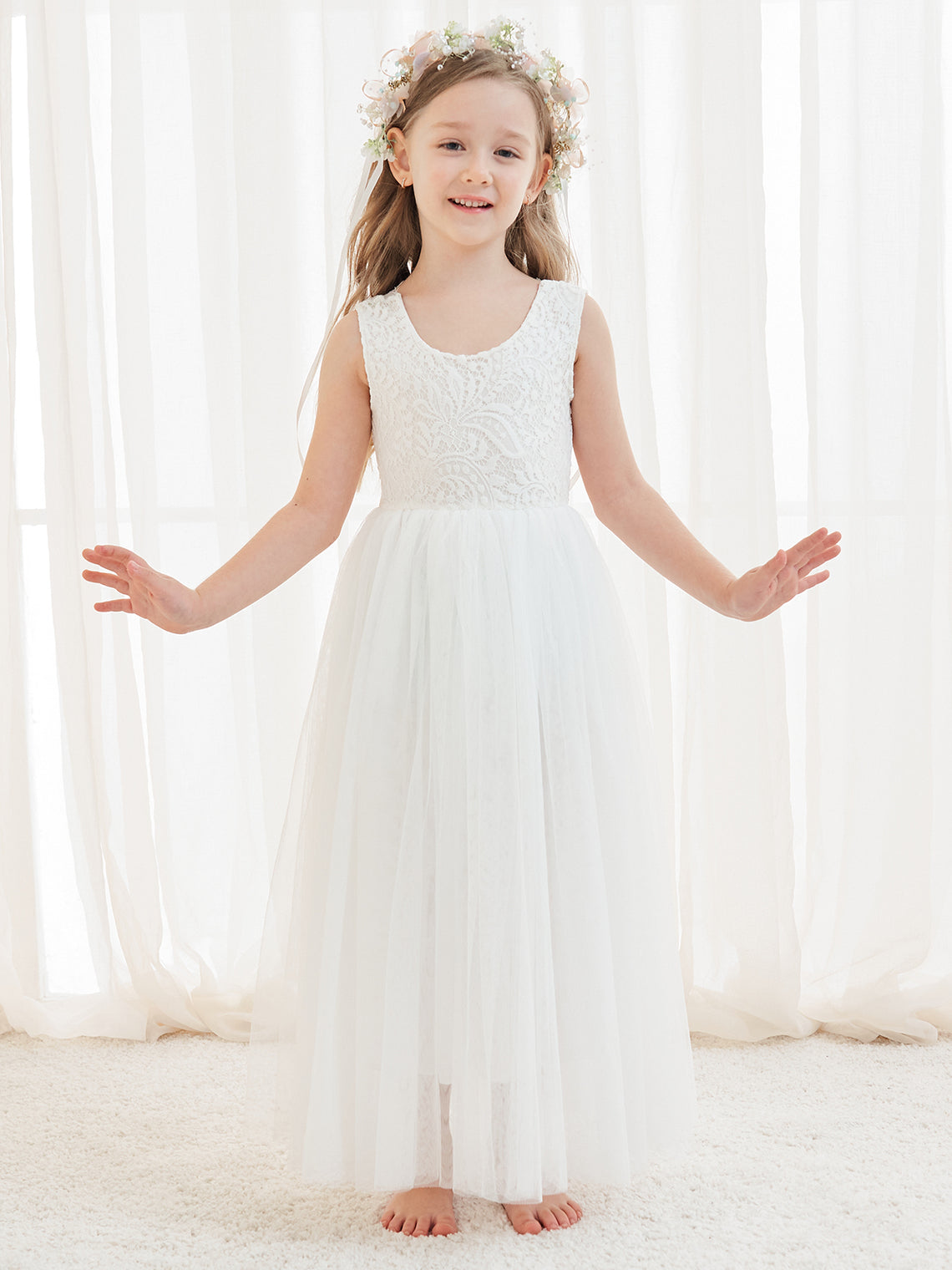 A-line Lace Tulle Ankle-length White Dress (2003227597)