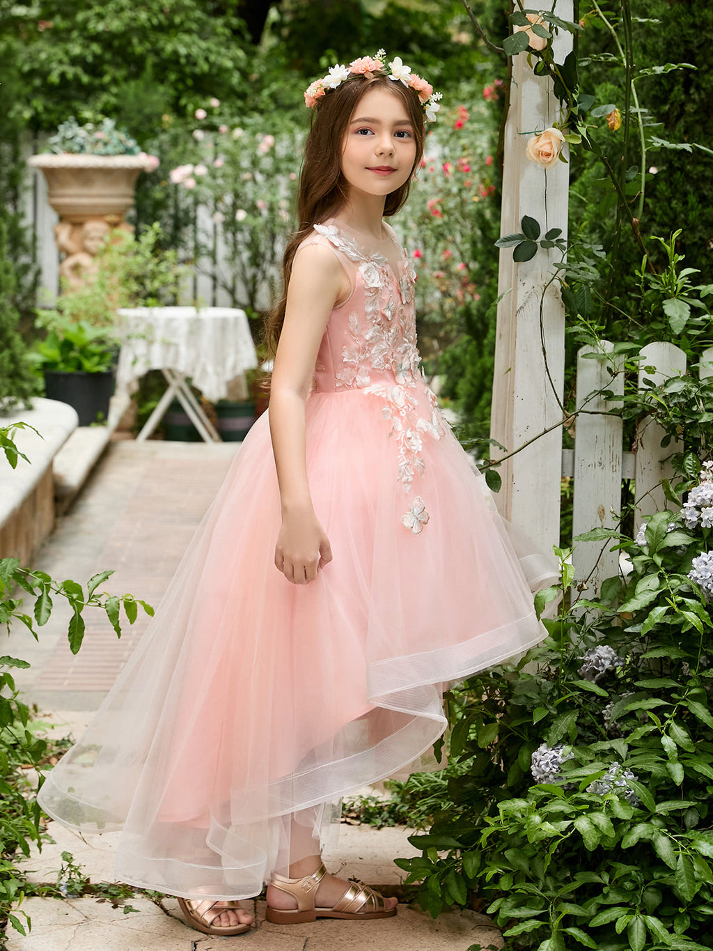 Ball-Gown/Princess Tulle Asymmetrical Pink Flower Girl Dress