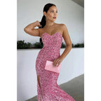 Sexy V-neck Pink Sequins Long Prom Dress with Slit