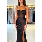 Spaghetti Straps Sweetheart Black Sheath Long Formal Evening Dress with Slit