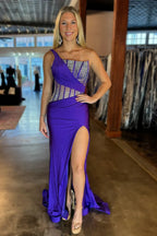 Blue Mermaid One Shoulder Long Prom Dresses with Beaded