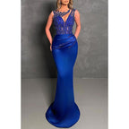 Satin Round Sleeveless Beaded Pleats Party Prom Evening Dress