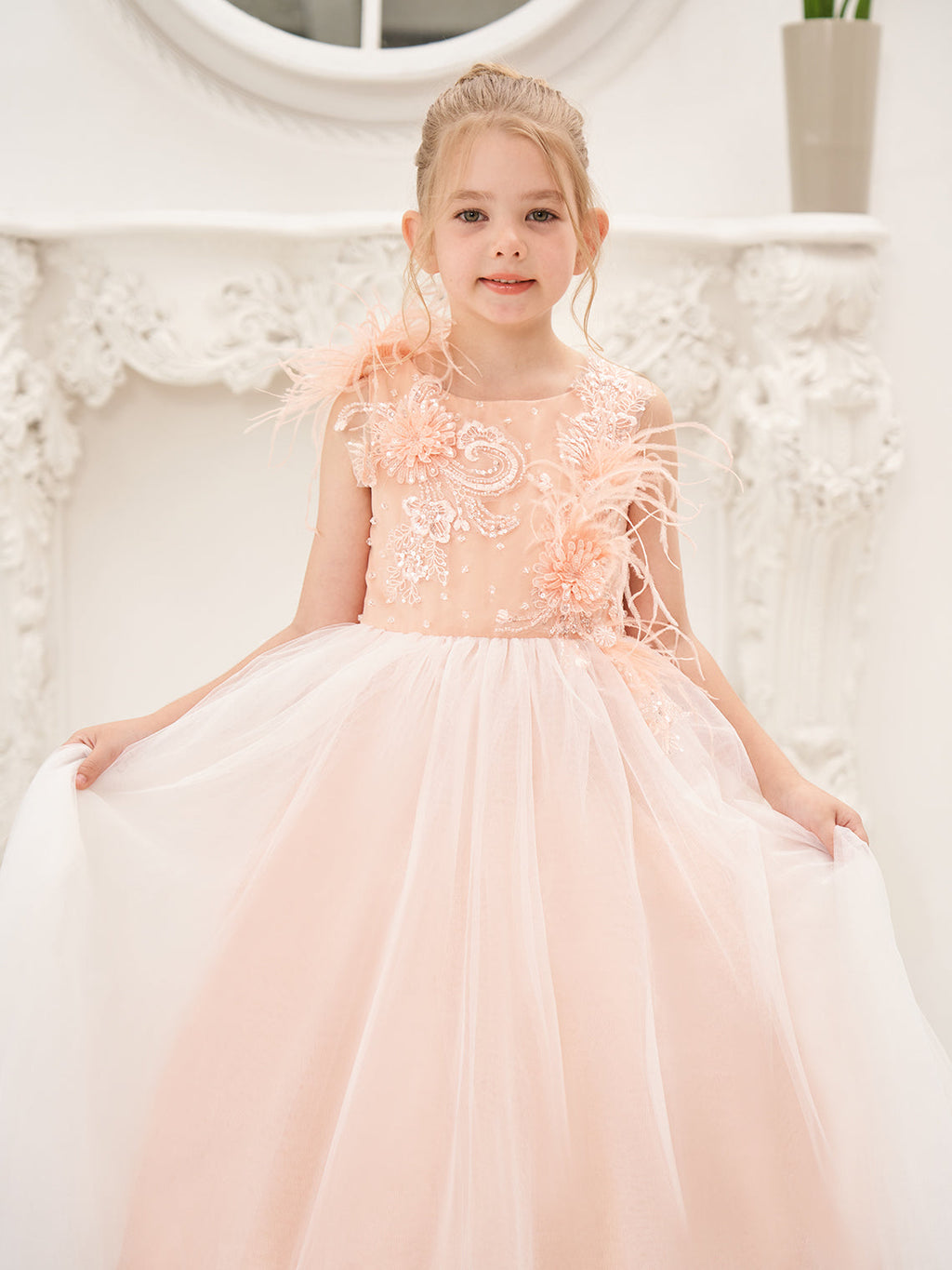 Ball-Gown/Princess Tulle Sweep Train Pink Flower Girl Dress