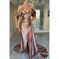 Sheath/Column Off-Shoulder Satin Ruched Long Prom Evening Formal Dress