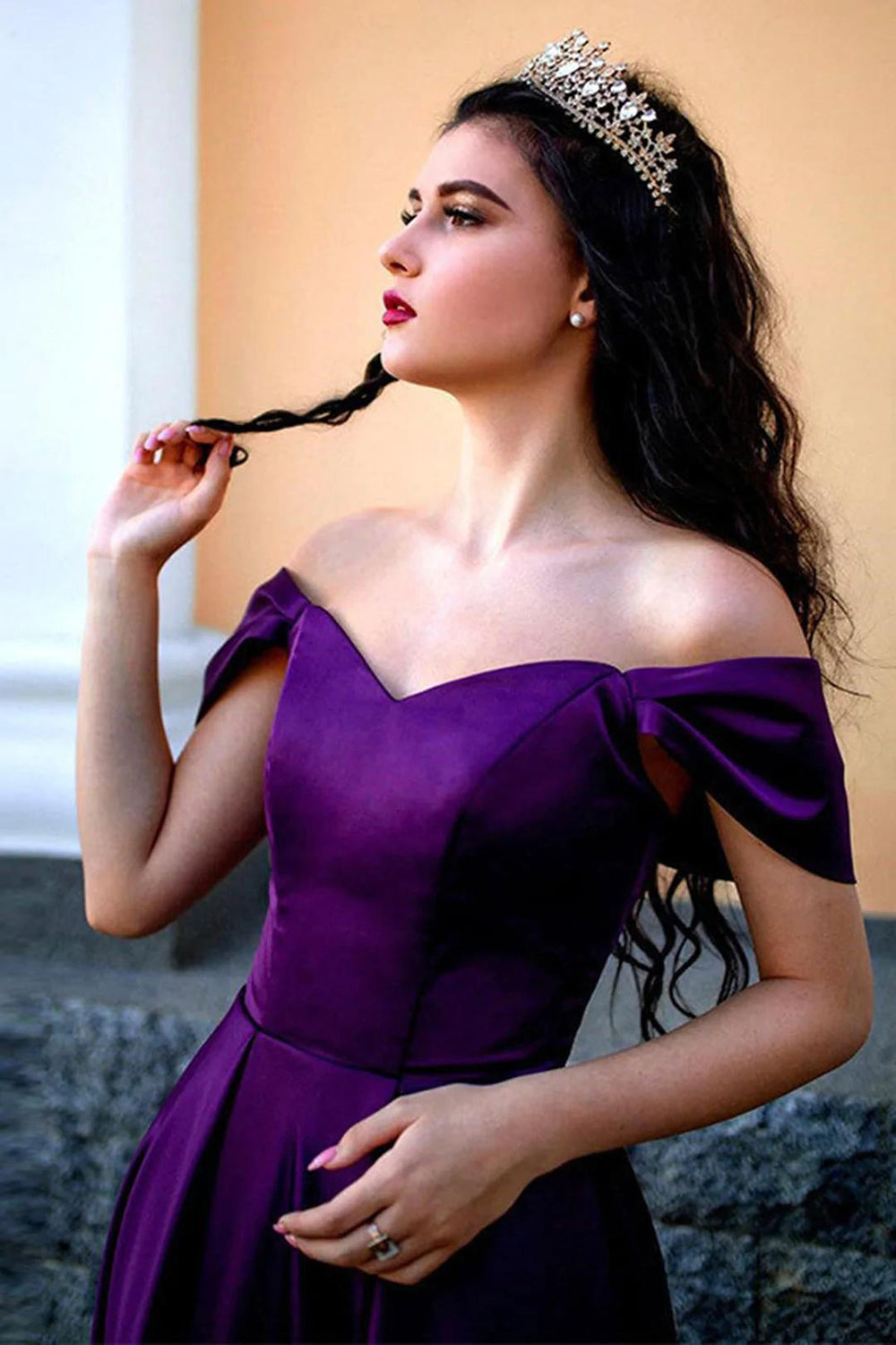 A Line Off the Shoulder Purple Long Prom Dress with Split Front