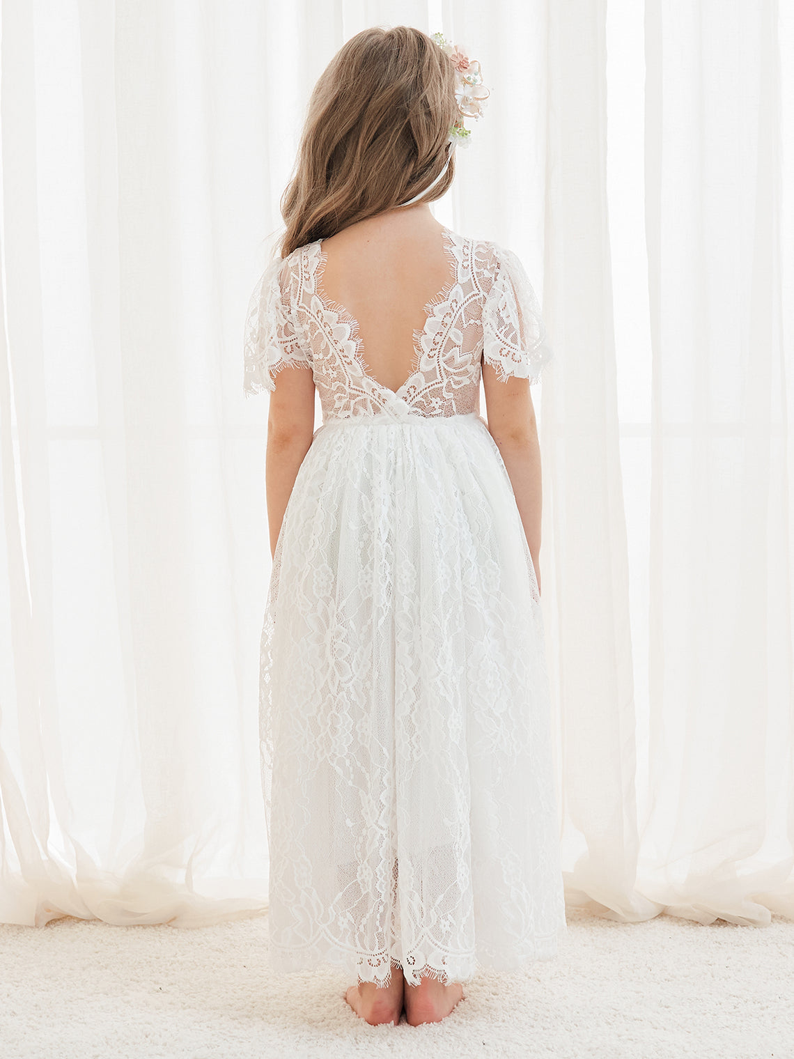 A-line Lace Ankle-length Ivory Boho Flower Girl Dress