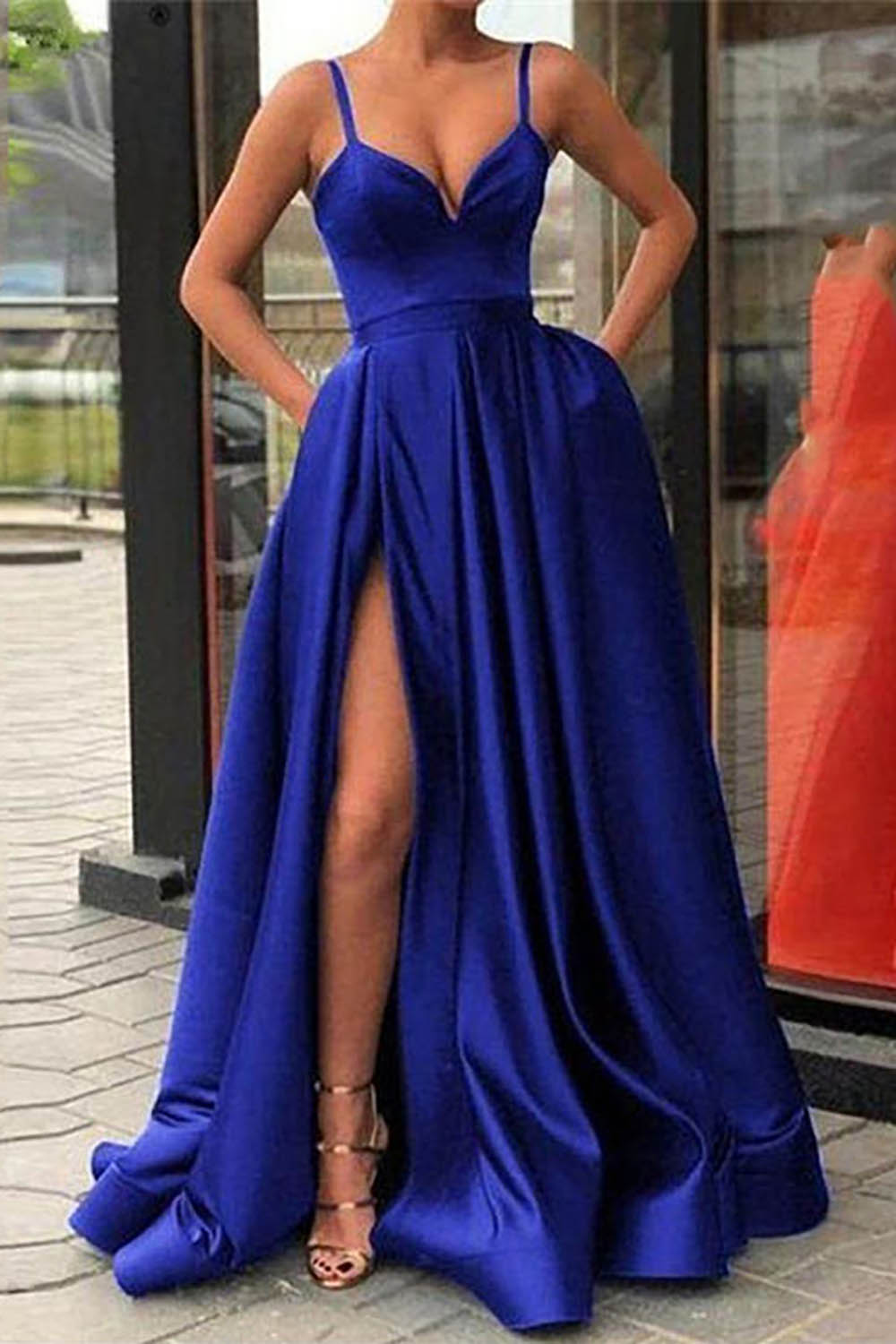 A Line Spaghetti Straps Black Long Prom Dress with Silt
