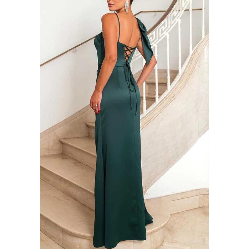 Satin Sweetheart Spaghetti Straps with Side Slit Party Prom Evening Dress