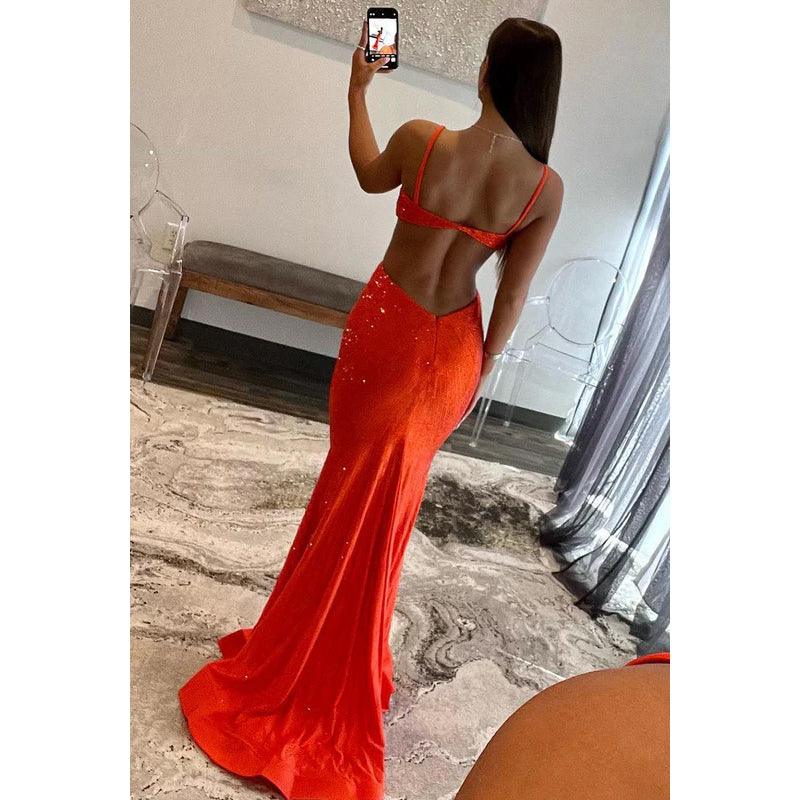 Sexy & Sparkil Spaghetti Straps V-Neck Trumpet Evening Party Prom Dress