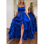 Spaghetti Straps A-line Tiered with Side Slit Train Party Prom Evening Dress