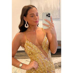 V-Neck Cut Outs Sequined Beaded Sheath Long Prom Gown With Slit