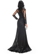 Mermaid Black Dress Evening Gown Sequin Prom Dress Sparkle Formal Gown Sweep / Brush Train Long Sleeve Illusion Neck Lace with Appliques