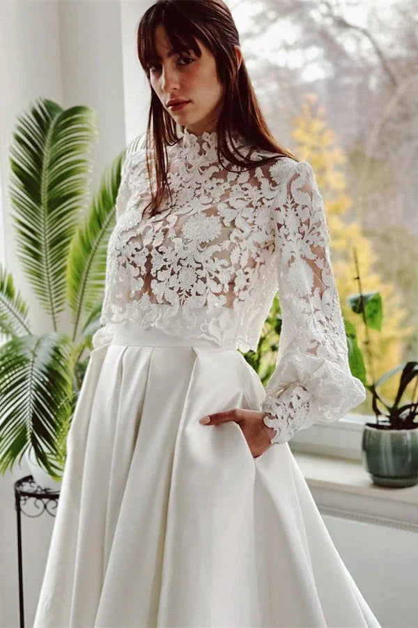 A-line High Neck Satin Lace Long Sleeves Wedding Dress with Pockets