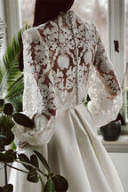 A-line High Neck Satin Lace Long Sleeves Wedding Dress with Pockets