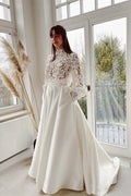 A-line High Neck Satin Lace Long Sleeves Wedding Dress with Pockets