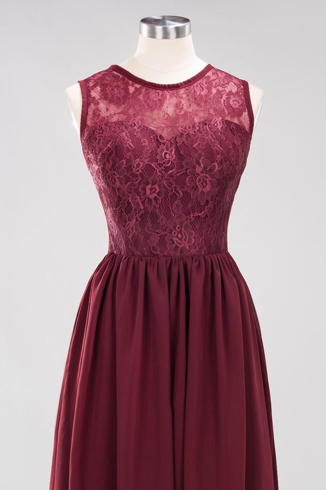Elegant A-line Lace Sleeveless Bridesmaid Dresses Chiffon Jewel Ruffles Floor-Length Evening Dress with Appliques