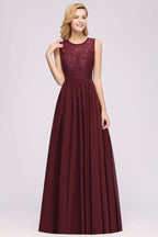 Elegant A-line Lace Sleeveless Bridesmaid Dresses Chiffon Jewel Ruffles Floor-Length Evening Dress with Appliques
