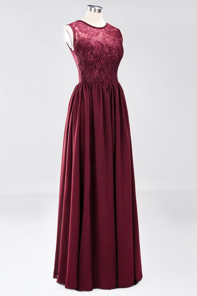 Elegant A-line Lace Sleeveless Bridesmaid Dresses Chiffon Jewel Ruffles Floor-Length Evening Dress with Appliques