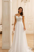 Elegant A-Line Lace Sweetheart Sleeveless Wedding Dresses With Appliques Ruffles