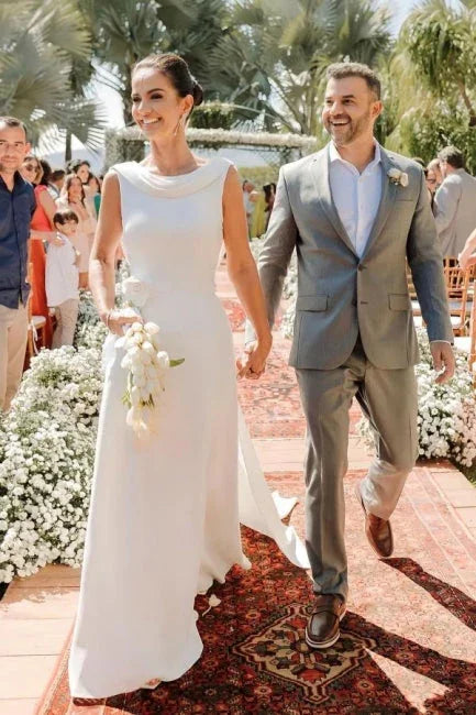 Elegant A-Line Satin Sleeveless Wedding Dress With Train