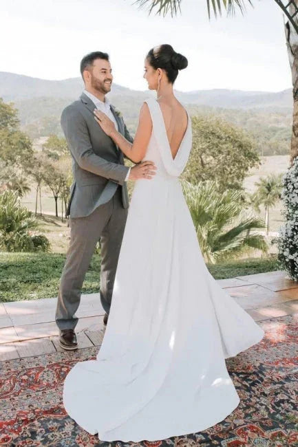 Elegant A-Line Satin Sleeveless Wedding Dress With Train