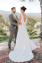 Elegant A-Line Satin Sleeveless Wedding Dress With Train