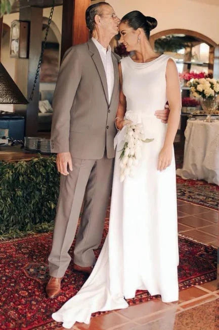 Elegant A-Line Satin Sleeveless Wedding Dress With Train