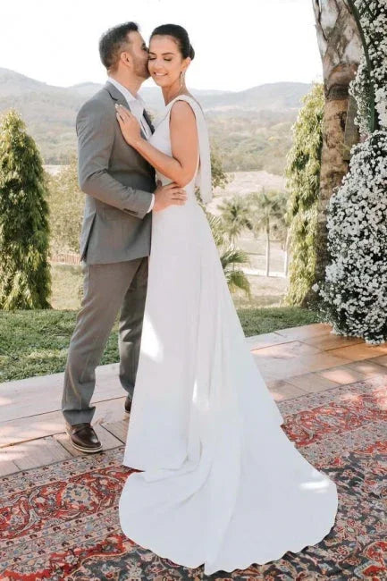 Elegant A-Line Satin Sleeveless Wedding Dress With Train