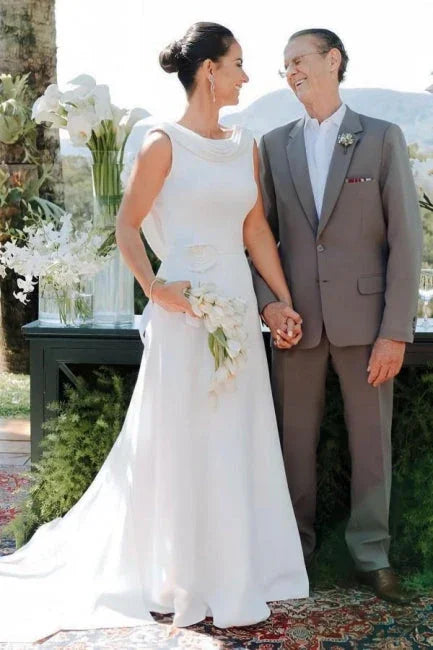 Elegant A-Line Satin Sleeveless Wedding Dress With Train