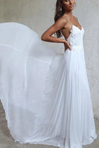 Elegant A-line Straps White Long Chiffon Beach Wedding Dress