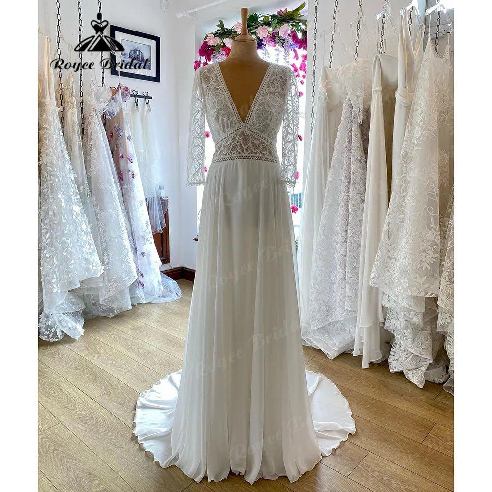 Elegant Bohemian Long Sleeve V Neckline Lace Bodice Boho Wedding Dress for Women Robes Civil Wedding Gown for Bride Summer