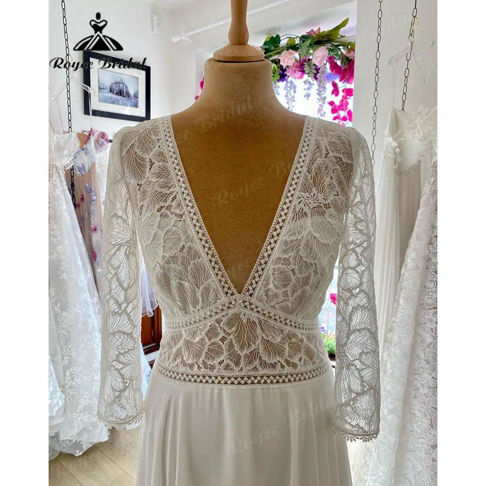 Elegant Bohemian Long Sleeve V Neckline Lace Bodice Boho Wedding Dress for Women Robes Civil Wedding Gown for Bride Summer