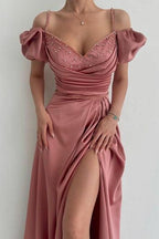 Elegant Dusty Rose Off-the-shoulder A-line Prom Dress With Slit