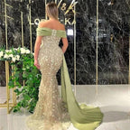 Elegant Dusty Sage Long Mermaid Off-the-shoulder Prom Dress With Lace