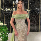 Elegant Dusty Sage Long Mermaid Off-the-shoulder Prom Dress With Lace