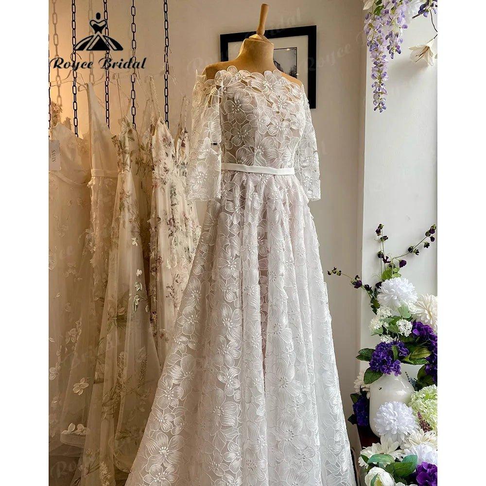Elegant Floral Lace Princess Three Quarter Sleeve Garden Wedding Dress Bride Wedding Gown Custom Made robe mariage femme
