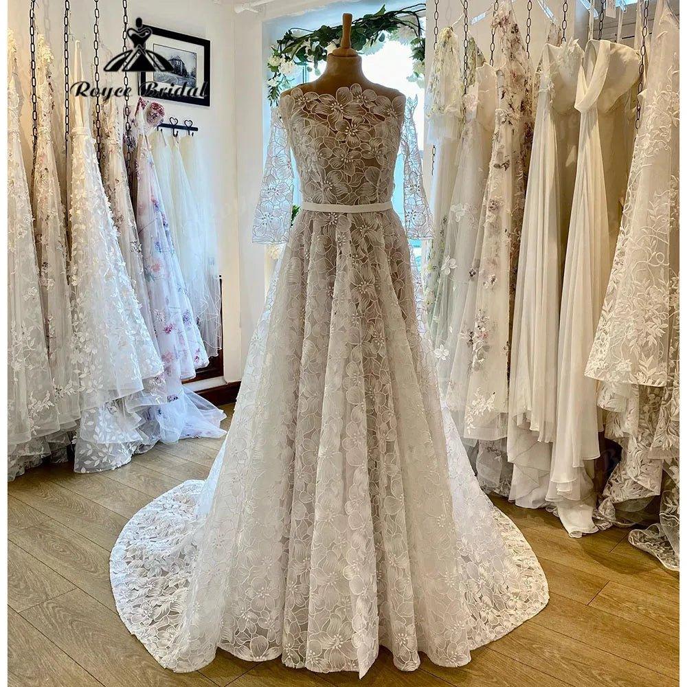 Elegant Floral Lace Princess Three Quarter Sleeve Garden Wedding Dress Bride Wedding Gown Custom Made robe mariage femme