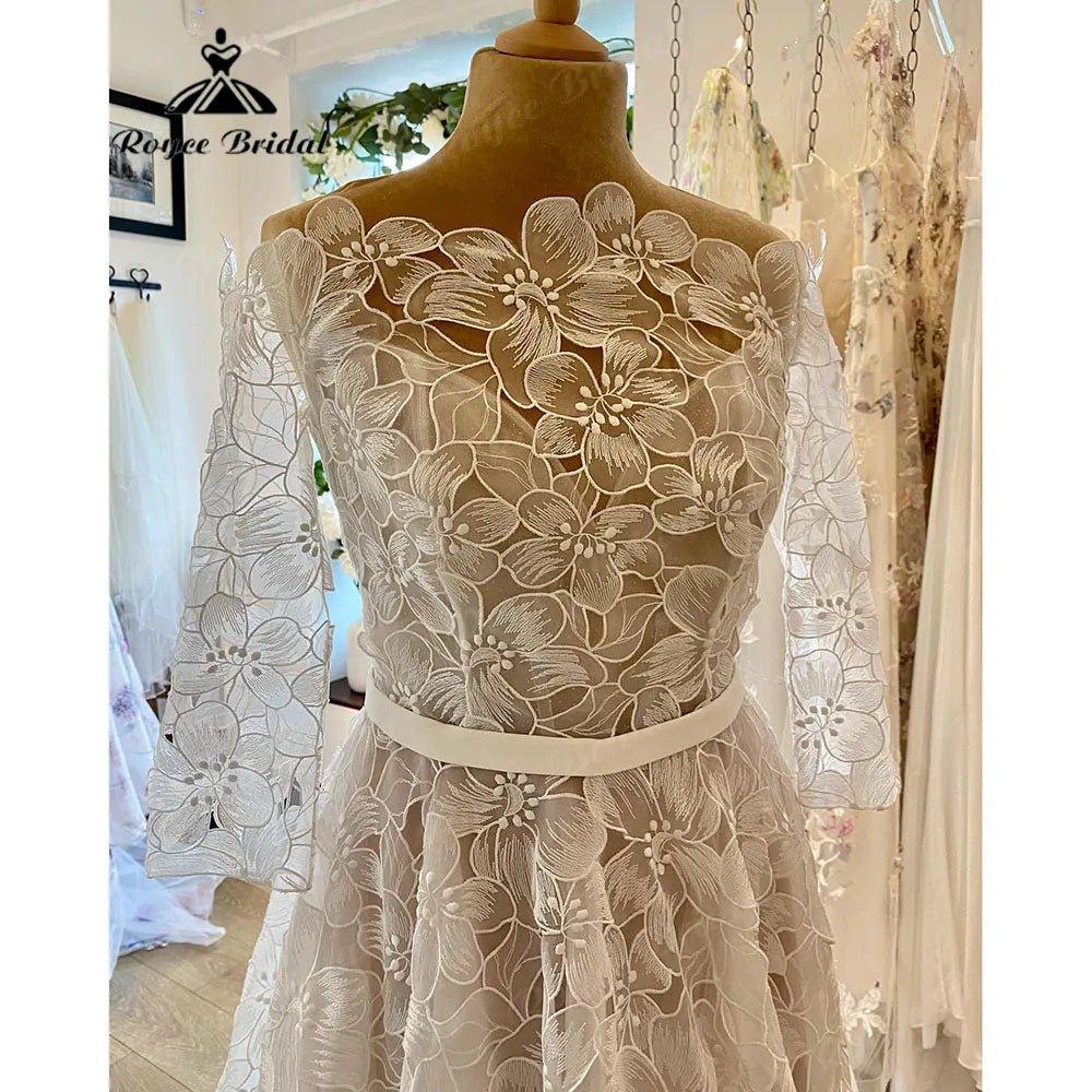 Elegant Floral Lace Princess Three Quarter Sleeve Garden Wedding Dress Bride Wedding Gown Custom Made robe mariage femme