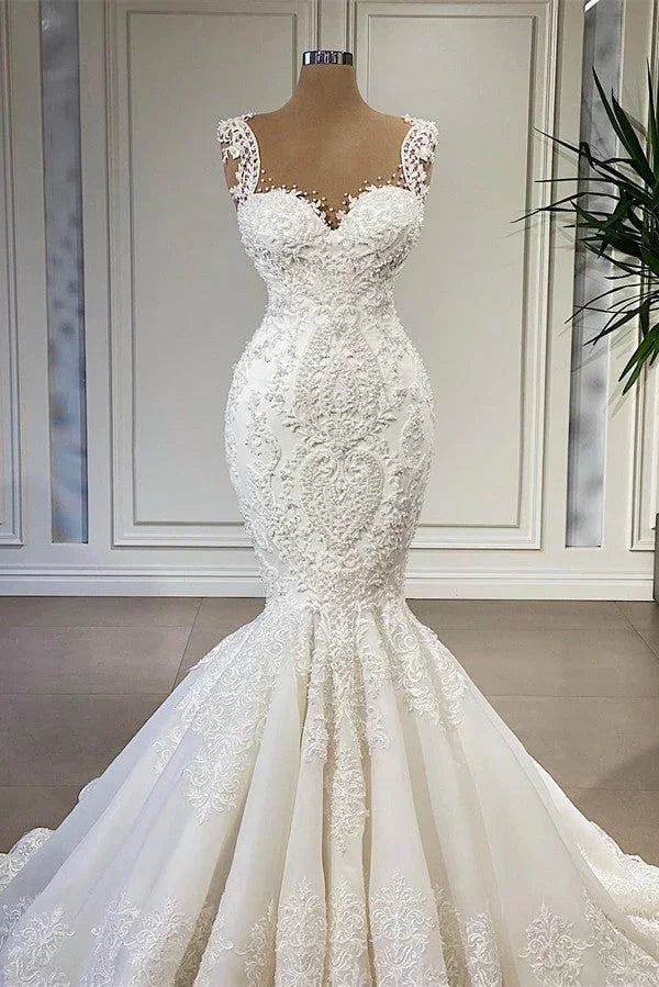 Elegant Long Mermaid Sweetheart Ruffles Lace Wedding Dresses