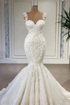 Elegant Long Mermaid Sweetheart Ruffles Lace Wedding Dresses