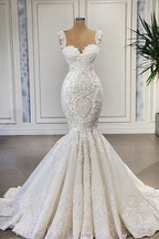 Elegant Long Mermaid Sweetheart Ruffles Lace Wedding Dresses