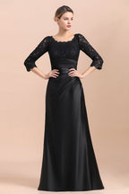Elegant Jewel 3/4 Sleeves Black Satin Lace Ruffles Mother of Bride Dress On Sale