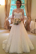 Elegant Lace A-line Long Sleeve High Neck Wedding Dresses