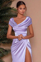 Elegant Lilac Long Split Front Mermaid Prom Dresses with Ruffles